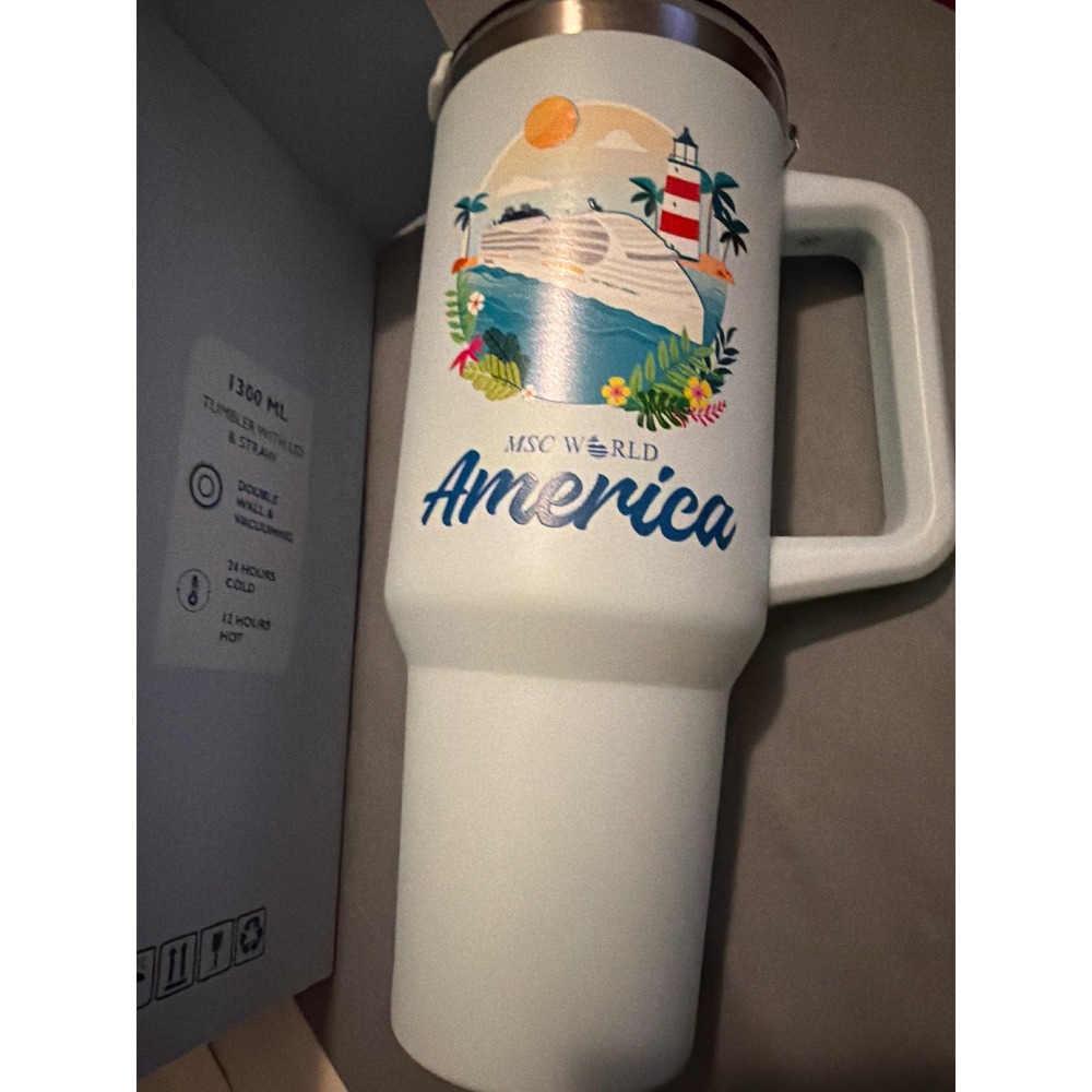 MSC World America Cruise Line 1300ml Insulated Tumbler Handle Lid Straw Blue NEW
